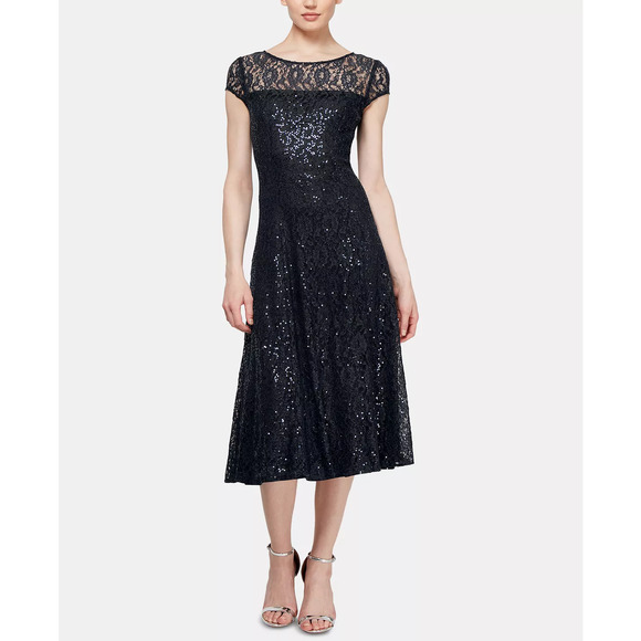 SL FASHIONS Sequined Lace Midi Dress | BLACK | 10 - Picture 1 of 4